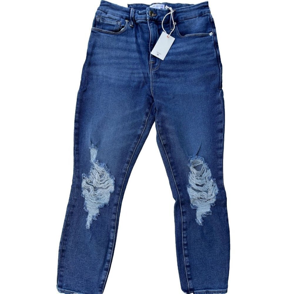 Good American Good Waist Ripped Crop Skinny Jeans in Blue855 - Picture 2 of 15